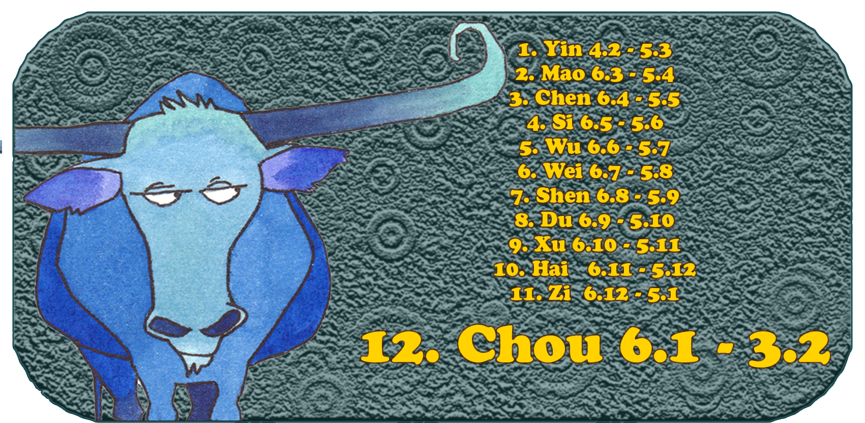 Kinesiska zodiak | De tolv kinesiska djur | oxe, januari, månad 12, Chou