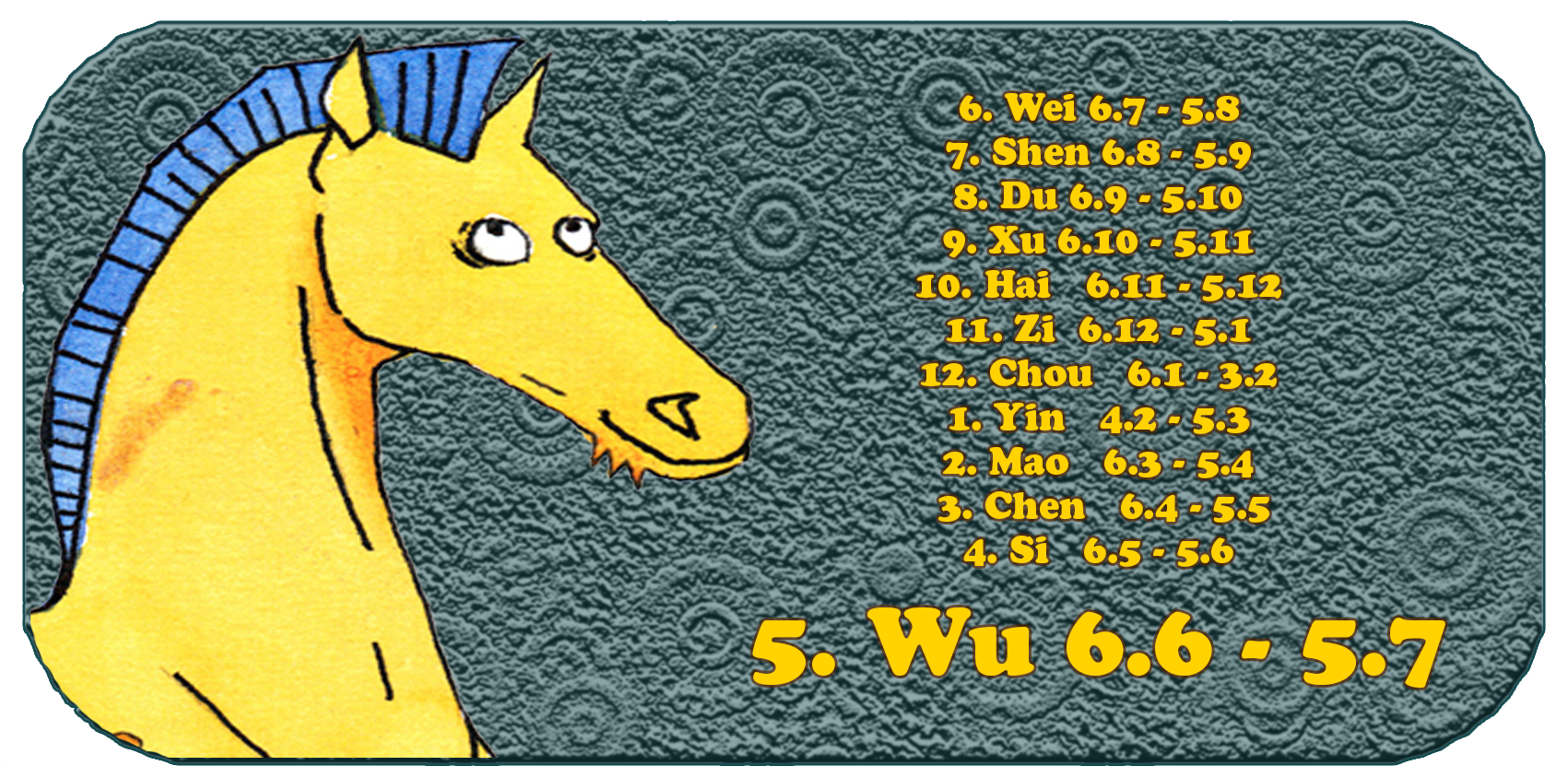 Kinesiska zodiak | De tolv kinesiska djur | häst, juni, månad 5, Wu