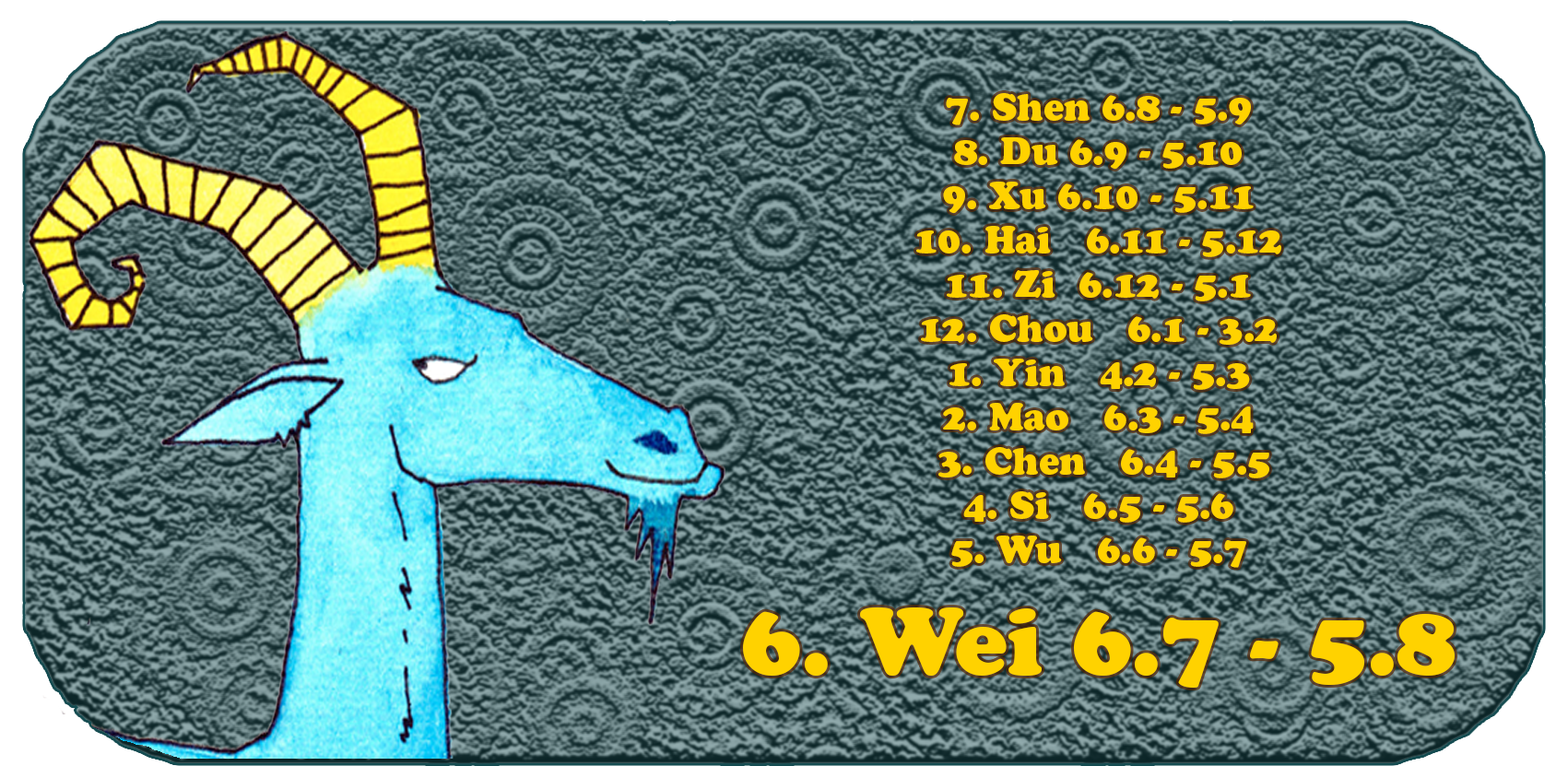 Kinesiska zodiak | De tolv kinesiska djur | get, juli, månad 6, Wei